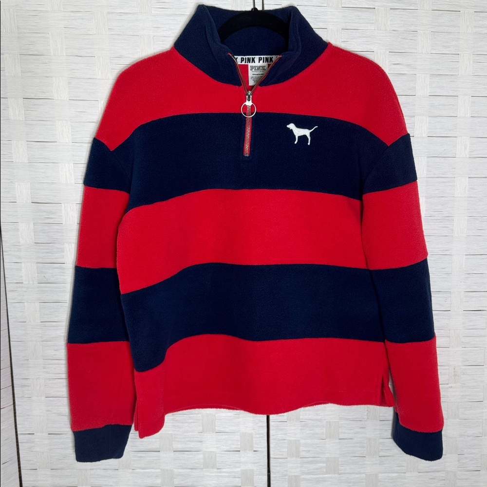 Victoria’s Secret PINK Red Navy Collegiate  Polar Fleece Pullover Size Small‎